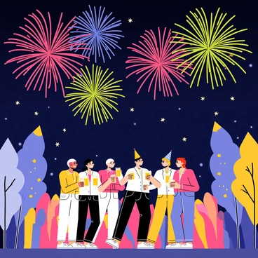 A nighttime scene featuring a vibrant New Year's Eve celebration. The sky is filled with various colorful fireworks exploding in bright shades of red, blue, green, and gold. Below, a large crowd of people is gathered, all wearing festive attire, some holding sparklers and others wearing party hats. There are several decorated trees with twinkling lights nearby. In the foreground, a group of friends is joyfully toasting with glasses filled with sparkling drinks, while confetti falls gently around them. The atmosphere is lively and filled with excitement as the countdown to the New Year approaches.