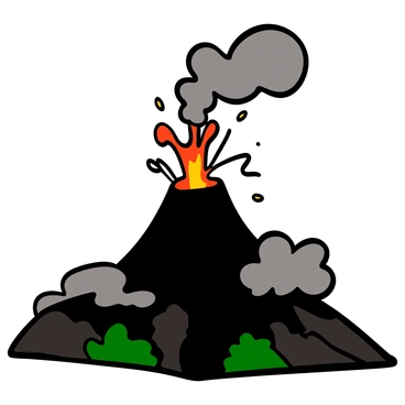 A volcano with a rugged black surface and red-hot lava pouring from its crater. Flames are shooting into the sky in brilliant orange and yellow colors. The surrounding landscape features rocky terrain and patches of dark green vegetation, with clouds of gray ash billowing around the eruption. The sky above is partially covered with dark smoke, contrasting with the bright bursts of lava.