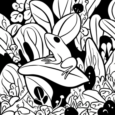 A bullfrog perched on a large, textured leaf within a dense jungle setting. Surrounding the bullfrog, various types of foliage, including broad leaves and ferns, create a lush environment. The scene is filled with intricate details of the leaves, showcasing their veins and edges. Occasional small flowers and mushrooms can be seen nestled among the greenery. The ground is covered with rich, tangled roots and decaying leaves, adding to the dense atmosphere of the jungle.