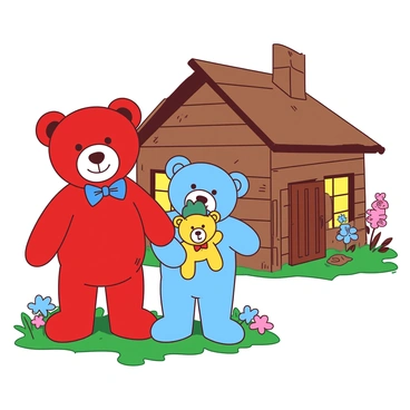 A red teddy bear stands proudly on the left, wearing a small blue bowtie. In the center, a larger blue bear is gently holding a small yellow bear in its arms. The yellow bear has a cheerful expression and is wearing a tiny green hat. Behind them is a rustic cottage made of brown logs, with a thatched roof and a warm glow emanating from the windows. The bears are positioned on a grassy patch in front of the cottage, with colorful flowers blooming around them. The scene captures a joyful family moment.