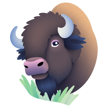 A close-up view of a majestic bison head is depicted, showcasing the intricate details of its fur textures. The bison has dark brown fur with lighter shades along its snout and forehead, highlighting the natural patterns. Its large, curved horns are prominently featured, with a rugged surface that conveys strength. The bison's expressive eyes are deep and dark, reflecting a sense of wisdom, while its nostrils are wide and slightly flared. Surrounding the bison's face, there are hints of a blurred green grass background, emphasizing its natural habitat.