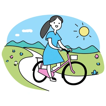 A cheerful Chinese girl, with long black hair tied in a ponytail, wearing a light blue dress, is riding her bicycle along a winding countryside path. The bicycle is a simple design, painted in bright red, with a small front basket. Surrounding her are lush green fields dotted with colorful wildflowers. There are distant mountains in the background under a clear blue sky. The sun casts a warm glow over the scene, highlighting the girl's joyful expression as she rides.
