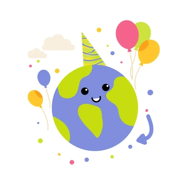 A festive Earth character with a cheerful face, wearing a colorful party hat. The Earth character is surrounded by vibrant balloons in various colors, floating above. Colorful confetti is scattered around, creating a joyful atmosphere for the celebration of Earth Day. The background features a sunny sky with fluffy white clouds, enhancing the festive mood.