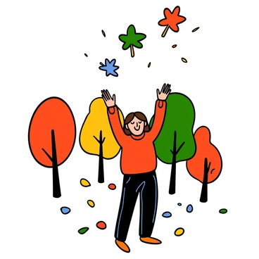 A girl with light skin and long brown hair is joyfully tossing a handful of colorful autumn leaves into the air. She is wearing a cozy red sweater and dark jeans, and her expression is one of delight as the leaves swirl around her. The scene is set in a park with several trees in vibrant fall colors, and there are more leaves scattered on the ground around her.