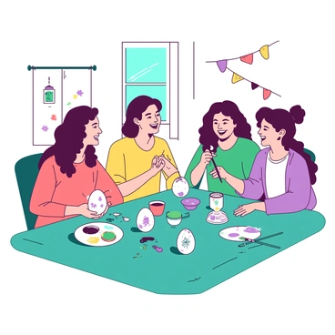 A teal table is set in a bright room where a group of friends is sitting together. Each friend has their own white Easter egg in front of them, which they are decorating with various colors. One friend is holding a brush, adding intricate designs to their egg, while another is focused on mixing colors on a palette. Various art supplies like paint pots and brushes are scattered across the table. In the background, there are colorful decorations hanging, enhancing the festive atmosphere. The friends are engaged in cheerful conversation as they share laughter and create their unique Easter eggs.