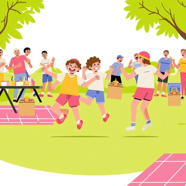 A sunny outdoor setting filled with green grass and colorful picnic blankets. A group of children, wearing bright summer outfits, are laughing and energetically hopping in burlap sacks. One child, with curly brown hair, is in the lead, while another child, with a red cap, is close behind, both with wide smiles. Nearby, spectators, including parents and friends, cheer and clap, creating a joyful atmosphere. A picnic table laden with food and drinks is visible in the background, enhancing the festive scene.