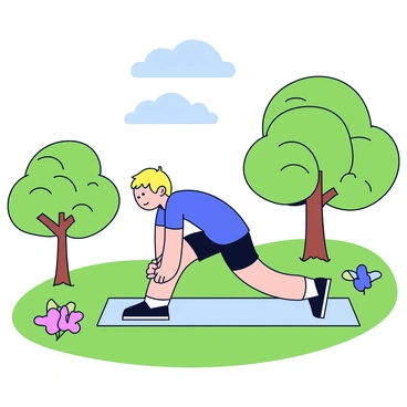 A person is performing a calf stretch on a yoga mat placed on green grass. The individual is in a standing position, leaning forward with hands resting on their knees. The yoga mat is a light color, contrasting with the vibrant grass beneath. Surrounding the person are trees with lush green leaves and a clear blue sky above. A few colorful flowers are visible nearby, adding to the natural setting of the outdoor park.