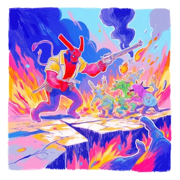 Hellboy battling a group of mischievous demons in a fiery landscape.