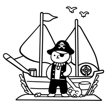 A cat dressed in a pirate outfit stands proudly on the deck of a ship, wearing a tricorn hat decorated with a skull and crossbones. The cat has a small eye patch over one eye and a striped bandana around its neck. The ship's wooden deck features ropes, barrels, and a ship's wheel visible in the background. The sails are raised high, and there are seagulls flying above the ship in the sky.