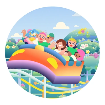 A colorful roller coaster is shown in the foreground, with several riders seated in the cars. The riders are all making silly faces for the camera, with wide smiles and exaggerated expressions. One rider has curly blue hair, another is wearing oversized sunglasses, and a third has their hands thrown up in excitement. The background features a bright blue sky with fluffy white clouds and a scenic view of a park filled with green trees and vibrant flowers. The roller coaster is adorned with multicolored tracks that twist and turn dramatically.