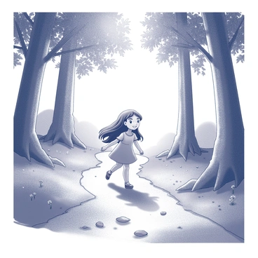 A young girl with long, flowing hair is walking down a winding forest path. She is wearing a simple dress and her expression is one of curiosity. Surrounding her are tall trees with thick trunks and dense foliage, creating a canopy overhead. The ground is covered in small stones and patches of grass, and there are scattered wildflowers along the path. Sunlight filters through the leaves, casting dappled shadows on the ground. The scene evokes a sense of adventure and exploration in nature.