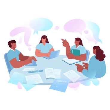 A group of four students is gathered around a table, working collaboratively on a project. One student is typing on a laptop while another is writing notes in a notebook. The third student is discussing ideas, pointing at a stack of scholarship brochures that are spread out on the table. The fourth student is flipping through a resource book that is open beside them. Various scholarship brochures and papers are scattered across the table, creating a vibrant and busy workspace filled with colors.