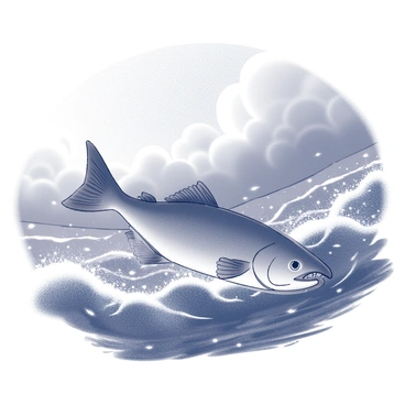 A piranha is swimming through turbulent waters. The water surface shows waves and ripples created by strong winds, indicating choppy conditions. Dark clouds gather above, suggesting an impending thunderstorm. The piranha is positioned mid-swim, with its sharp teeth visible and its body streamlined, gliding through the rough waters. Raindrops can be seen splashing on the water’s surface, enhancing the sense of a stormy environment. The overall scene reflects a dynamic and intense atmosphere.