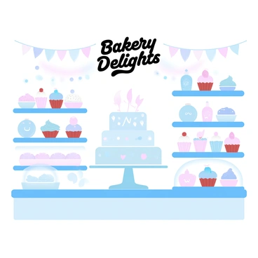 A bakery interior filled with pastel-colored decorations and an array of kawaii cakes and pastries. Shelves are lined with adorable cupcakes topped with colorful frosting and cute decorative elements. Display cases feature charming macarons in various shades, as well as small, whimsical fruit tarts. A large centerpiece cake showcases elaborate pastel designs, while a sign above reads "Bakery Delights" in playful lettering. The walls are decorated with soft banners and light strings, creating a cheerful and inviting atmosphere.