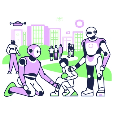 A scene depicting robots interacting with humans in a future society. In the foreground, a humanoid robot with smooth features is kneeling next to a child who is holding a green ball. The robot's arm is gently touching the child's shoulder, showing a connection between them. Nearby, a group of adults is gathered, engaging in conversation with another robot that stands upright, listening attentively. In the background, futuristic buildings with large windows and greenery can be seen, while a few flying drones hover overhead. There are pathways where people are walking alongside robots, all in a setting that emphasizes collaboration and coexistence.