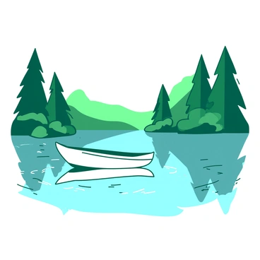 A tranquil lake with clear water is surrounded by tall green trees reflecting in the surface. The trees form a natural frame around the scene, their leaves rustling gently in the breeze. In the center of the lake, there is a small white boat gently floating, its bow slightly tilted as it rests on the peaceful water. The boat is empty, and delicate ripples spread outward from its edges, creating a soft contrast against the stillness of the lake.