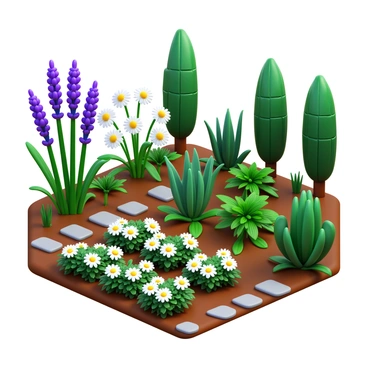 A garden filled with various medicinal plants and herbs. The garden features tall stalks of "lavender" with vibrant purple flowers. There are clusters of "chamomile" with delicate white petals surrounding a yellow center. "Peppermint" plants with dark green leaves are scattered throughout. A row of "aloe vera" plants stands prominently with thick, fleshy leaves. In one corner, "eucalyptus" trees rise with their distinctive smooth bark and aromatic leaves. The soil is rich and dark, well-tended, with some "sage" and "rosemary" plants adding lush greenery. Small stone pathways meander through the garden, connecting the different sections of herbs. The sunlight filters through the leaves, casting gentle shadows on the ground.