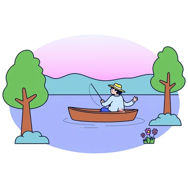 A tranquil lakeside scene with calm waters reflecting the soft colors of the sky at dusk. In the center, a small wooden boat is gently floating, containing a person wearing a light blue shirt and a wide-brimmed hat. The person is holding a fishing rod, focused on the water. Surrounding the lake are green trees with lush foliage, and a few wildflowers are growing along the shore. In the distance, gentle hills rise, adding depth to the serene landscape.