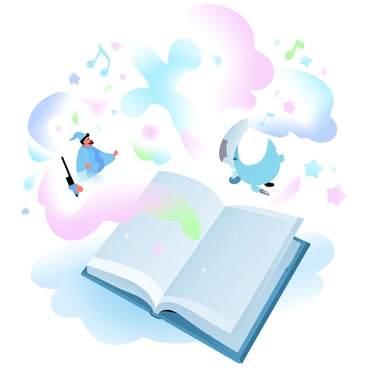 An open book sits on a surface, with pages flapping as if a breeze is flowing through. From the book, vibrant colors spiral outwards, creating a dynamic display. Various characters, such as a wizard with a flowing robe and a playful dragon, are emerging from the pages. Objects like musical notes, trees, and stars are flying into the air, filling the space with energy. The background has a soft gradient of pastel colors that enhances the lively scene.