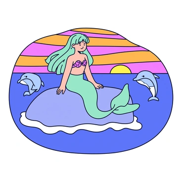 A mermaid with long flowing hair in shades of teal and purple is resting on a smooth rock. Her tail shimmers with iridescent scales that catch the light of the sunset. The sky is filled with vibrant hues of orange, pink, and purple as the sun sets on the horizon. Nearby, two playful dolphins leap through the water, their sleek bodies glistening in the fading sunlight. The ocean waves gently lap at the base of the rock, adding a sense of movement to the scene.
