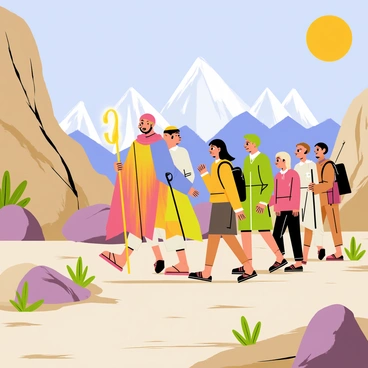 A saint dressed in a flowing, colorful robe stands at the forefront, holding a glowing staff that illuminates the path. Behind the saint, a diverse group of pilgrims, including men and women of various ages, follow closely. They are dressed in simple, rustic clothing, carrying backpacks and walking sticks. The rocky landscape features sharp cliffs and boulders, with sparse vegetation dotting the terrain. A bright sun shines in a clear blue sky, casting shadows over the group, while a distant mountain range creates a majestic backdrop.