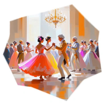 A grand ballroom scene filled with elegance and sophistication, featuring couples dancing gracefully on a polished wooden floor. The women are adorned in elaborate 18th-century gowns, each dress a different rich color with intricate patterns, lace trim, and flowing skirts that swirl as they move. Their hair is styled in towering wigs decorated with ribbons and flowers. The men are dressed in matching period attire, including waistcoats, breeches, and decorative coats, with powdered wigs complementing their outfits. Crystal chandeliers hang above, casting a warm glow over the scene, while elegantly draped curtains line the tall windows, completing the opulent atmosphere. The couples are engaged in a lively dance, their expressions joyful as they twirl and navigate the dance floor among the onlookers.