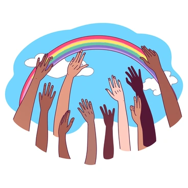 A vibrant display of hands in various skin tones is forming a rainbow arch high in the sky. Each hand is positioned carefully, with fingers extended outward to create a seamless transition of colors. The sky is clear with a bright blue hue, providing a striking backdrop for the hands. The hands vary in size and shape, representing a diversity of backgrounds and cultures. They are all reaching towards the sun, symbolizing unity and hope.