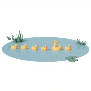 A family of ducks, consisting of a mother duck and her five fluffy yellow ducklings, swimming in a line across a calm pond. The mother duck is leading the way with her head held high, while the ducklings follow closely behind, paddling with their small webbed feet. The water is smooth and reflects the clear blue sky above. Lush green reeds and lily pads line the edges of the pond, adding a touch of nature.