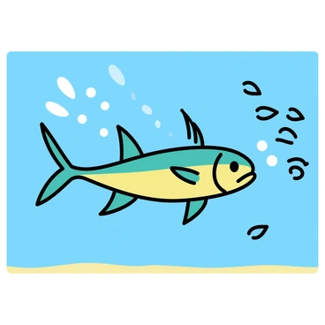 A mahi-mahi, characterized by its vibrant green and yellow colors, is swimming rapidly through the clear blue waters of the open ocean. The fish has a streamlined body and a prominent, elongated dorsal fin. Surrounding it is a school of small fish, appearing as a shimmering mass of silver moving in a coordinated manner. Bubbles trail behind the mahi-mahi as it lunges toward the school, showcasing its predatory behavior. The sunlight filters through the water, creating a dappled light effect on the sandy ocean floor below.