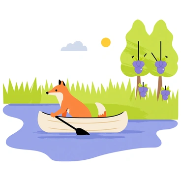 A riverside scene featuring a calm, blue river surrounded by lush green grass and tall reeds. A fox with orange fur is sitting in a small, wooden canoe, paddling gently. The canoe drifts past trees that are heavy with purple grapes, their leaves vibrant in shades of green. The sun shines down, casting soft reflections on the water's surface, and a few clouds float lazily in the sky above.