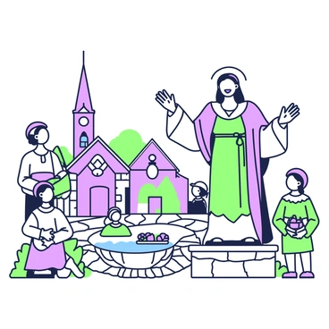 A saint with a serene expression is standing on a small stone platform, raising one hand in a gesture of blessing towards a group of villagers. The villagers, dressed in simple medieval attire, are gathered around the platform, with expressions of hope and reverence on their faces. The town features cobblestone streets lined with half-timbered houses and a small fountain at the center. A couple of children are sitting at the fountain's edge, while others are holding baskets filled with produce. In the background, a tall church steeple reaches towards the sky, completing the quaint scene.