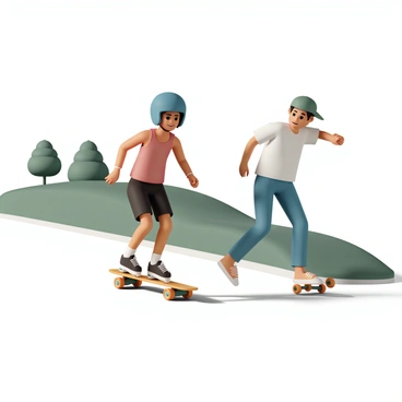 A roller-skater, wearing a blue helmet, a red tank top, and black shorts, is gliding down a slope with one leg extended forward. Next to them, a skateboarder, dressed in a green cap, a white t-shirt, and blue jeans, leans slightly forward on their skateboard. Both are focused on the race, with their expressions showing determination. The slope is lined with grass, and there are trees in the background. The sun casts shadows on the ground, highlighting their dynamic movement.