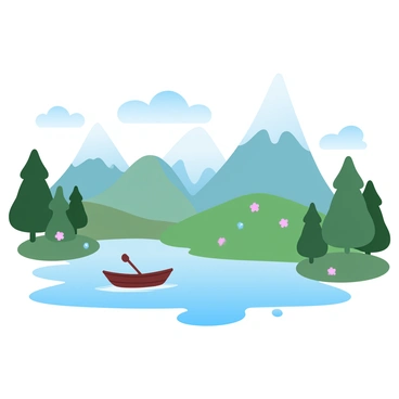 A natural landscape featuring mountains that have a parabolic shape, with gently sloping sides rising smoothly to a peak. The mountains are covered in lush greenery, with patches of vibrant wildflowers scattered across the lower slopes. A clear blue sky is visible, with soft clouds drifting lazily. In the foreground, a serene lake reflects the majestic mountains, with a small wooden boat floating on the water's surface. The scene is framed by tall trees lining the shore, creating a sense of tranquility.