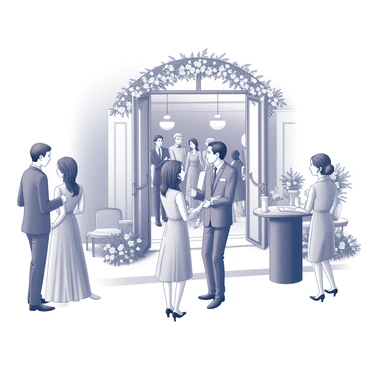 A group of wedding guests arriving at a charming venue. The venue is elegantly decorated, featuring a beautiful entrance adorned with floral arrangements. The guests, dressed in formal attire, are mingling as they enter. A wedding coordinator stands at the entrance, warmly welcoming each guest with a friendly smile. The coordinator is holding a guest list and is ready to assist the attendees. There are tables set up nearby for refreshments, and decorative elements enhance the overall atmosphere.