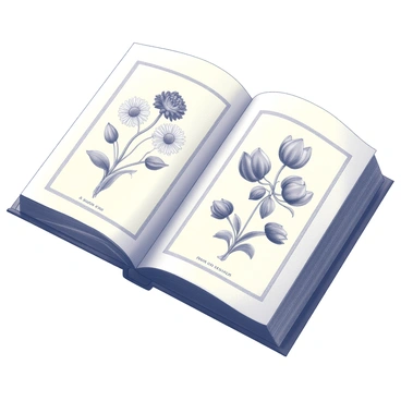 An open vintage book resting on a wooden surface. Each page displays detailed illustrations of various flowers, capturing intricate botanical art. The flowers include distinct types such as roses, daisies, and tulips, with precise labeling beneath each illustration. The pages are slightly yellowed, adding a sense of age and history to the book. Delicate borders surround the illustrations, enhancing the overall aesthetic of the botanical showcase.