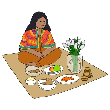 A person with medium skin tone and long black hair is sitting cross-legged on a soft rug. They are dressed in a colorful patterned shawl draped over their shoulders. Their gaze is focused on a beautifully arranged Haft-Sin table, which is filled with various symbolic items. The table features seven traditional items: a bowl of fresh garlic, a vibrant green apple, a small goldfish swimming in a glass bowl, a mirror reflecting the scene, and a vase of blooming hyacinths. There are also coins stacked neatly and a candle lit, casting a gentle glow. The background is softly blurred, emphasizing the serene moment as the person reflects.