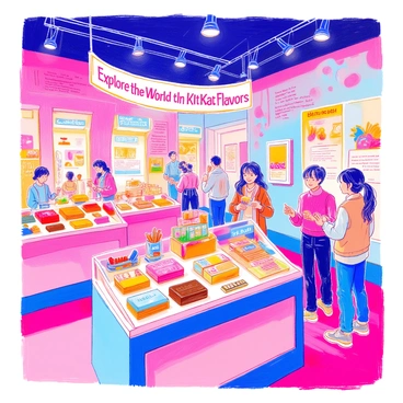 A museum interior features vibrant displays dedicated to various KitKat flavors. Each display showcases colorful packaging and unique flavor samples, arranged in an eye-catching manner. Brightly lit sections highlight flavors like green tea, strawberry, and matcha. Visitors are engaged in tasting and admiring the presentations. The walls are adorned with playful graphics and illustrations related to chocolate and fun facts about KitKat. A large banner hangs from the ceiling reading "Explore the World of KitKat Flavors."