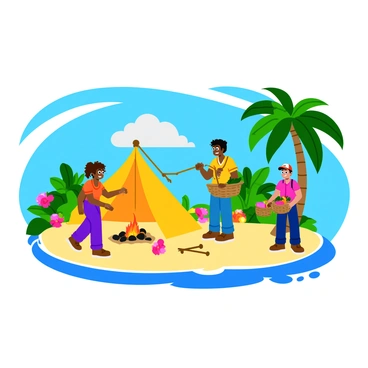 A group of three survivors from a plane crash is setting up a makeshift camp on a tropical island. One survivor, a woman with curly brown hair, is tying together palm fronds to create a shelter. Another survivor, a man with short black hair, is gathering colorful fruits from nearby trees, placing them in a woven basket. The third survivor, a young boy with a baseball cap, is building a small fire with sticks and dried leaves. The island is surrounded by crystal-clear blue water, and in the background, lush green palm trees sway gently in the breeze. Brightly colored tropical flowers add pops of color to the sandy area where the camp is located. The sky is a vibrant blue with a few fluffy white clouds.