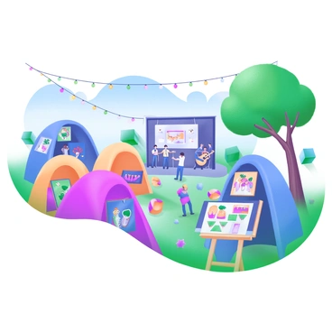 A vibrant outdoor festival scene filled with various artists and illustrators showcasing their work. Several colorful tents are arranged, each displaying unique artwork, including paintings, illustrations, and crafts. There are visitors browsing the displays, some stopping to engage with the artists. In the background, trees provide shade, and string lights are hung above, creating a festive atmosphere. A stage is visible with musicians performing, adding to the lively ambiance of the festival. The sky is clear blue, and colorful decorations are scattered throughout the area, enhancing the cheerful setting.