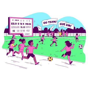 A duotone illustration of a school sports day featuring "open peeps" engaging in various sports activities. In the foreground, a group of "open peeps" are running on a track, their vibrant colors contrasting against the background. Some "open peeps" are playing soccer, kicking a yellow ball towards each other, while others are jumping rope. In the background, a few "open peeps" are cheering enthusiastically from the sidelines holding banners that say "Go Team!" in bold letters. A large scoreboard displays scores, showing excitement in the air. The scene captures the lively atmosphere of friendly competition and teamwork.