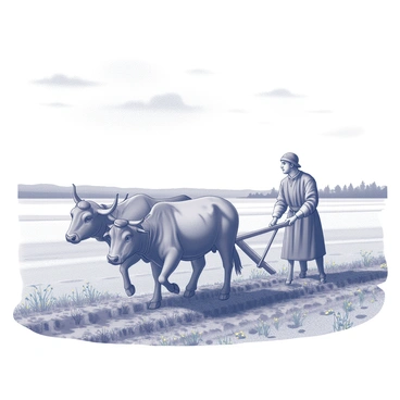 A medieval serf is engaged in plowing a field using a team of oxen. The serf is dressed in simple, worn garments, showcasing the labor of their daily life. The oxen are strong and sturdy, pulling a wooden plow through the tilled earth, creating rows of freshly turned soil. Above, a vast open sky stretches out with a few scattered clouds, enhancing the sense of the expansive landscape. The surrounding field is dotted with patches of grass and wildflowers, indicating the beginning of the growing season. In the distance, a faint outline of a forest can be seen, adding depth to the scene.
