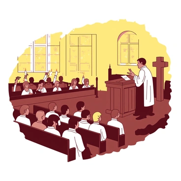 A warm yellow glow fills the interior of a church during a candlelit service. Rows of people are seated, each holding a flickering white candle, casting soft shadows on their faces. The congregation is attentively listening to a pastor standing behind a wooden pulpit, gesturing passionately as he delivers the sermon. The stained glass windows are illuminated by the candlelight, creating a vibrant atmosphere. In the background, subtle decorations of greenery are placed along the pews, adding to the serene ambiance of the sacred gathering.