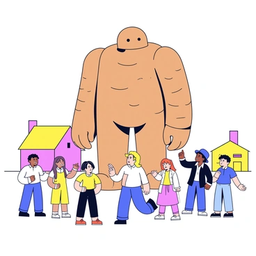A golem depicted in a traditional folklore scene, surrounded by townsfolk.