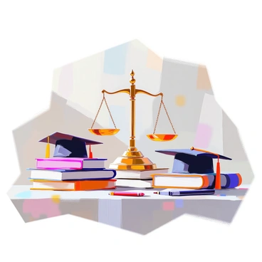 The iconic "scales of justice" are prominently displayed at the center of the composition. Surrounding the scales are several "school books" stacked neatly, each with different colored covers. A few "graduation caps" are scattered around the books, some perched atop them while others lie flat on the surface. The scene conveys a strong connection between justice, education, and achievement.