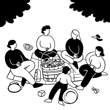 A group of families gathered on a lush green lawn, sitting on a picnic blanket. In the center, there is a large wicker basket filled with various snacks, including sandwiches, fruits, and pastries. Children are playing with a frisbee nearby, while adults are chatting and laughing. A few picnic items like plates and cups are spread around, along with a colorful picnic blanket under them. Trees provide shade in the background, enhancing the outdoor setting.