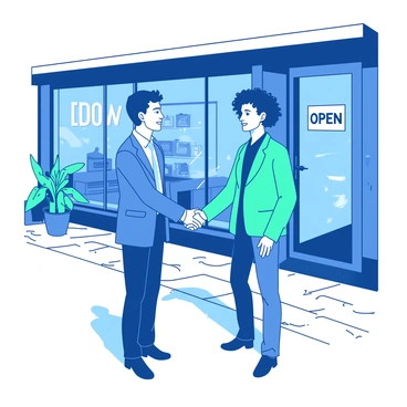Two business partners are shaking hands in front of a new storefront. The partners are standing on a paved sidewalk, with the storefront featuring large glass windows displaying various items for sale. One partner has short black hair and is wearing a blue suit, while the other has curly brown hair and is dressed in a teal blazer. In the background, a bright "OPEN" sign is visible in the window, and there are potted plants flanking the entrance to the store. The sky above is clear, suggesting a sunny day.