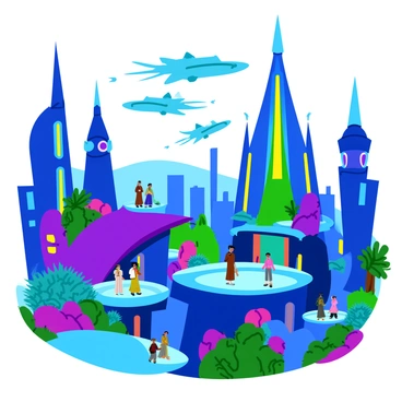 An alien city depicted in a comic style, featuring futuristic buildings and spaceships
