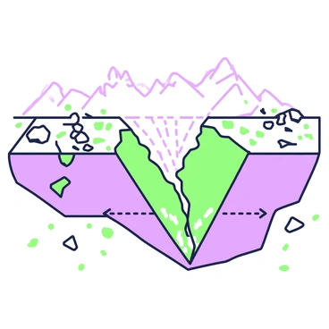 An illustration depicts seismic waves emanating from a reverse dip-slip fault during an earthquake. The fault line is represented as a jagged line through the ground, showcasing the upward movement of one section of earth over another. Waves ripple outward from the fault line in various directions, with distinct wave shapes illustrating compression and rarefaction. Surrounding the fault, there are rocky textures and uneven ground to suggest the impact of the seismic activity. Small cracks appear in the earth's surface near the fault, illustrating the tension caused by the earthquake. In the background, a faint outline of distant mountains provides context to the geological setting.