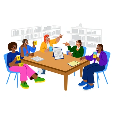A diverse team of five people animatedly discussing illustration concepts around a wooden table. Each person holds a different coffee mug, showcasing unique designs and colors. One person, a woman with curly hair, points excitedly at a notepad filled with sketches. Another person, a man with glasses, leans forward with a smile, contributing an idea. A third team member, a woman with long straight hair, takes notes while sipping her coffee. The background features shelves filled with art supplies and books, adding to the creative atmosphere.