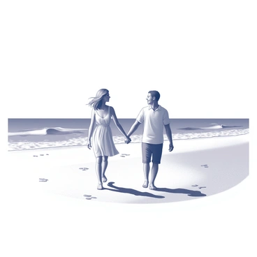 A couple walking hand in hand on a beach. The woman's hair is flowing gently in the breeze, and she wears a light, flowing dress. The man is dressed in casual summer attire. In the background, the waves are gently lapping at the shore. Their footprints are visible in the sand, leading towards the water. The sky above is vast, creating an open atmosphere. The couple appears carefree, sharing a moment of connection as they stroll along the coastline.